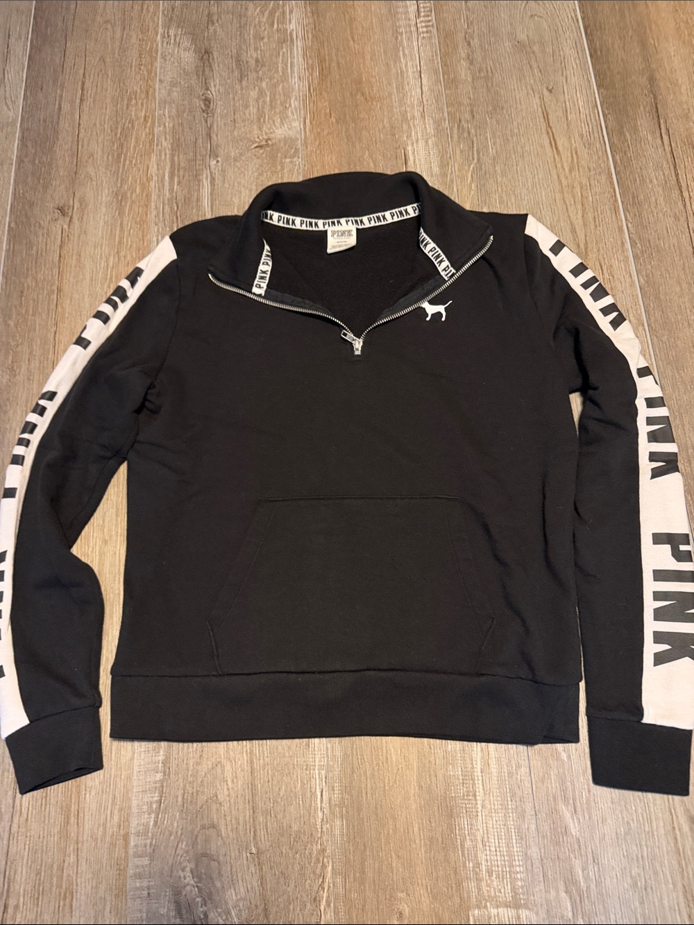 PINK Victoria's Secret Black Half-Zip Pullover with White Sleeve Panels